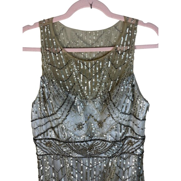 SUE WONG 10 Champagne Silver Beaded Sequin Bridal Formal Cocktail Evening Dress - Picture 6 of 16